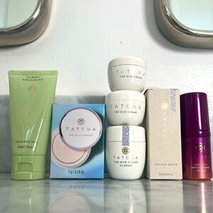 TATCHA Mini Set Brand New; Silk Cream, Rice Polish, Silk Serum, Violet-C Serum